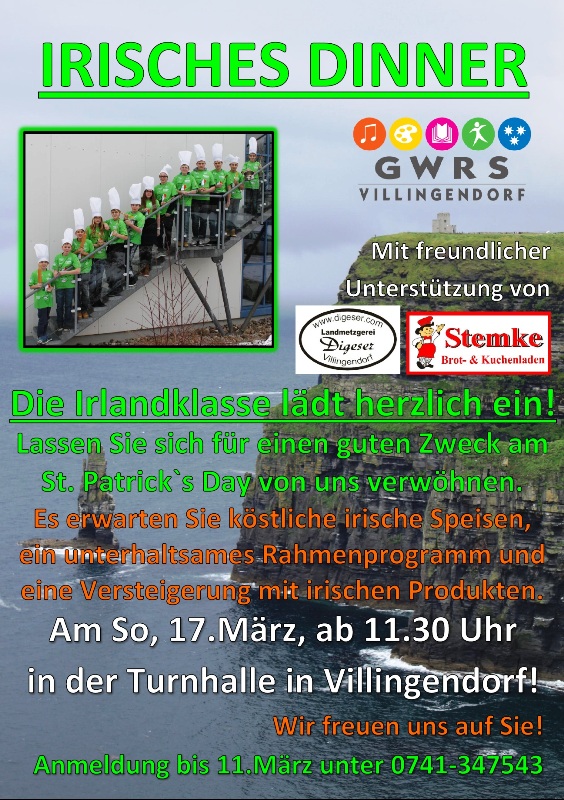 Einladung zum Irischen Dinner am St. Patrick´s Day am Sonntag, 17.03.2013 